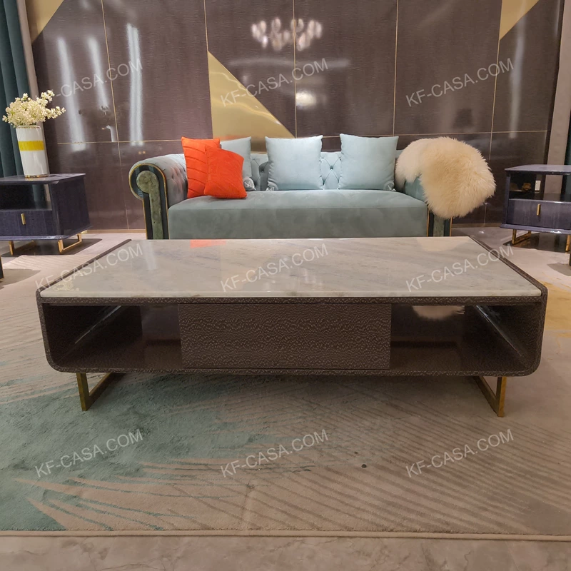 Three-Compartment Marble Coffee Table with Textured Dark Finish